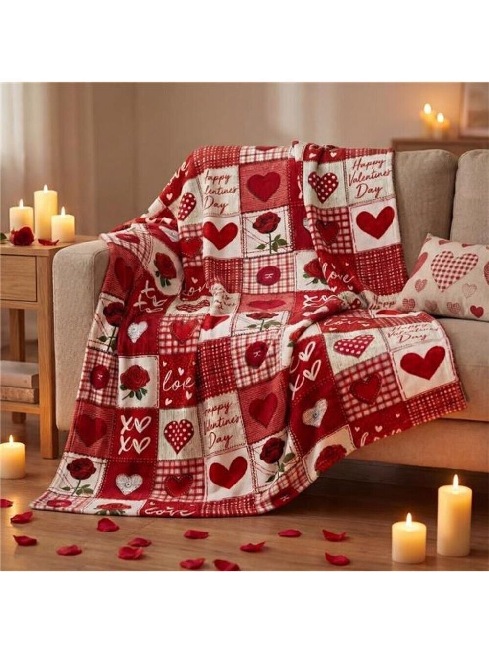 Valentine Flannel Blanket Throw, Plaid Love Hearts Roses Soft Fuzzy 50" x 60"
